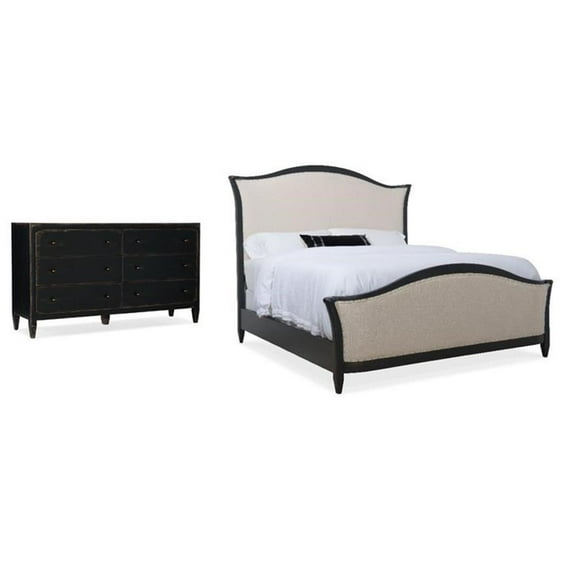 Home Square Set of 2 Cal King Upholstered Bed & 6 Drawer Wood Dresser in Black