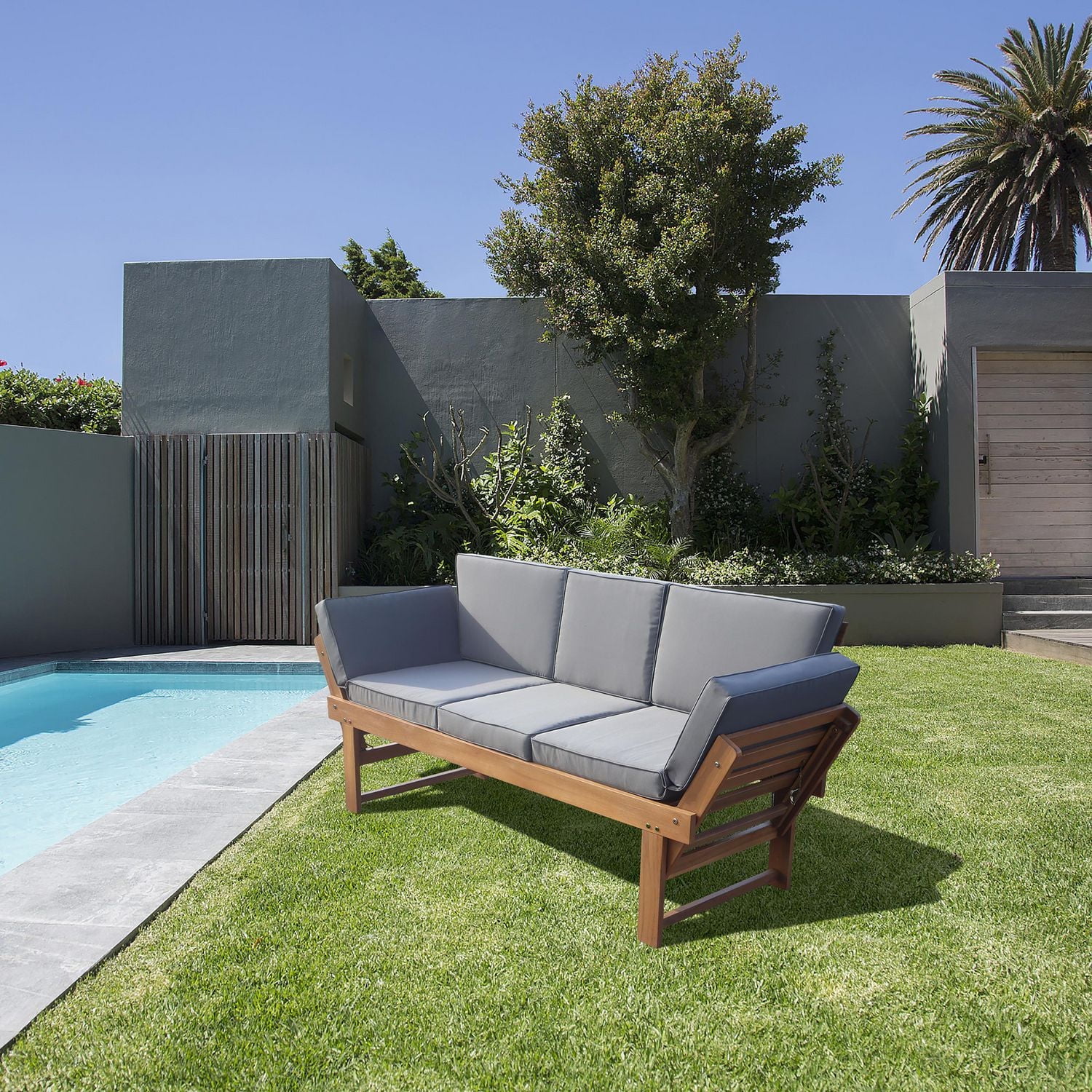 Deko Living Outdoor Acacia Wood Patio Bench/Lounge Chair with Fold Down Center Table & Side Panels