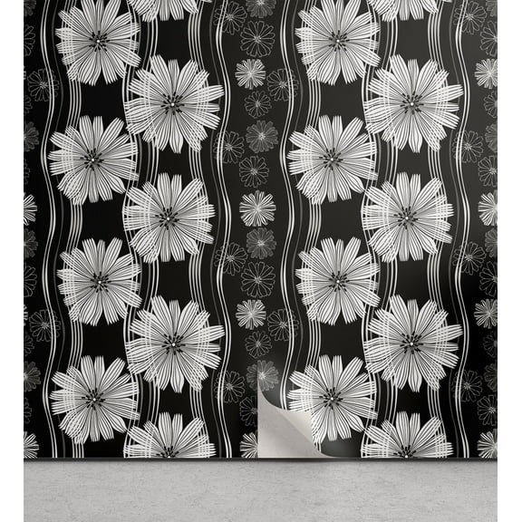 Ambesonne Floral Design Peel & Stick Wallpaper for Home, Boho Monochrome Bloom, 13"x36", Charcoal Grey White