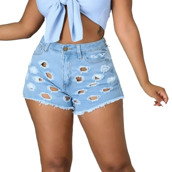 Womens Ripped Jean Shorts Destroyed Hole Raw Hem Denim Shorts High Waist Stretch Jeans Distressed Cut Out Pants