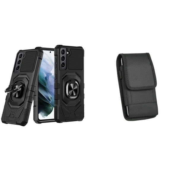 Case with Belt Holster Bundle for Samsung Galaxy S22 Ultra: Heavy Duty Shield Cover (Black) and Vertical Nylon Phone Pouch