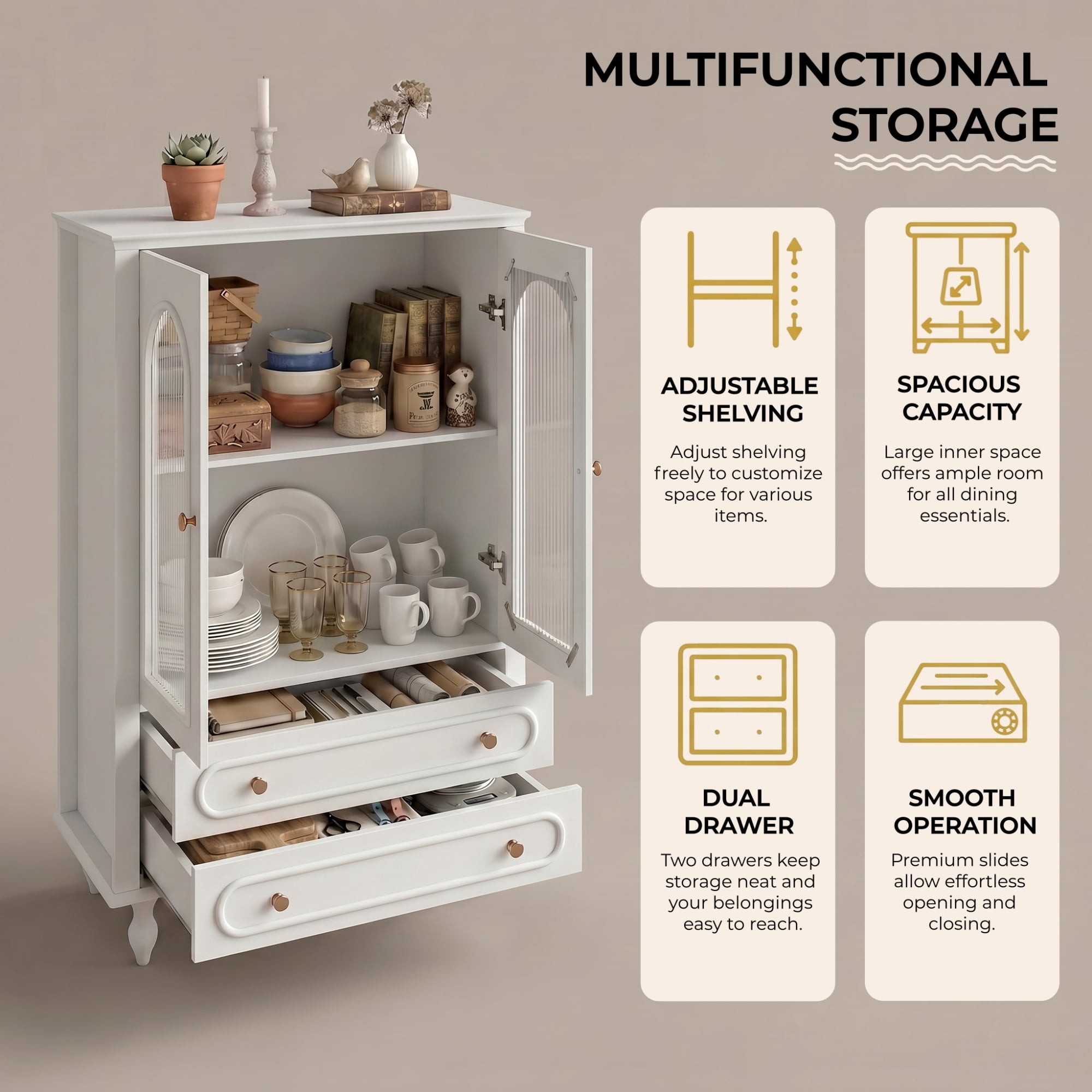 Leumius 46.5" Glass Display Cabinet with Ribbed Glass Doors,Wooden Curio Cabinet with 2 Drawers and Adjustable Shelf, Freestanding Buffet Cabinet Unit for Living Room Dining Room White