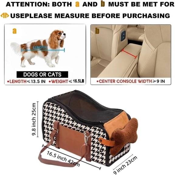 Center Console Dog Car Seat, Pet Puppy Car Seat, Middle Console Dog Armrest Booster Seat for Small Dogs; Cats (Orange Houndstooth)