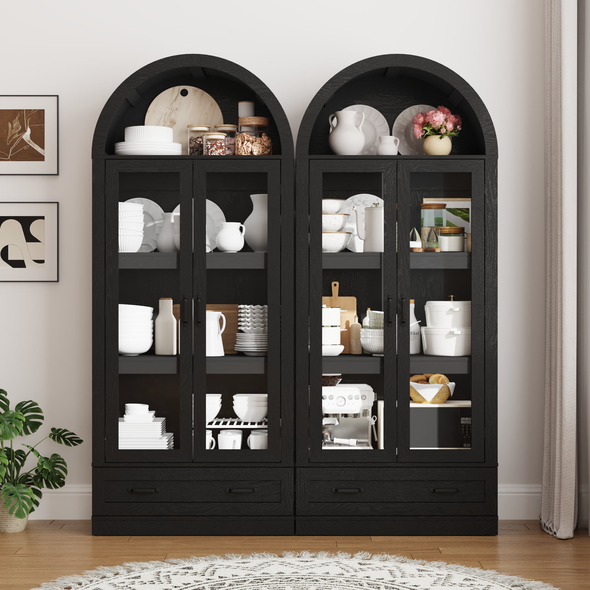 Blotout 75" Tall Arched Kitchen Pantry Storage Cabinet, Farmhouse Wood Pantry Arched Cabinet with Drawer, Glass Door and Load-Bearing Steel Pipe for Dining Room Living Room