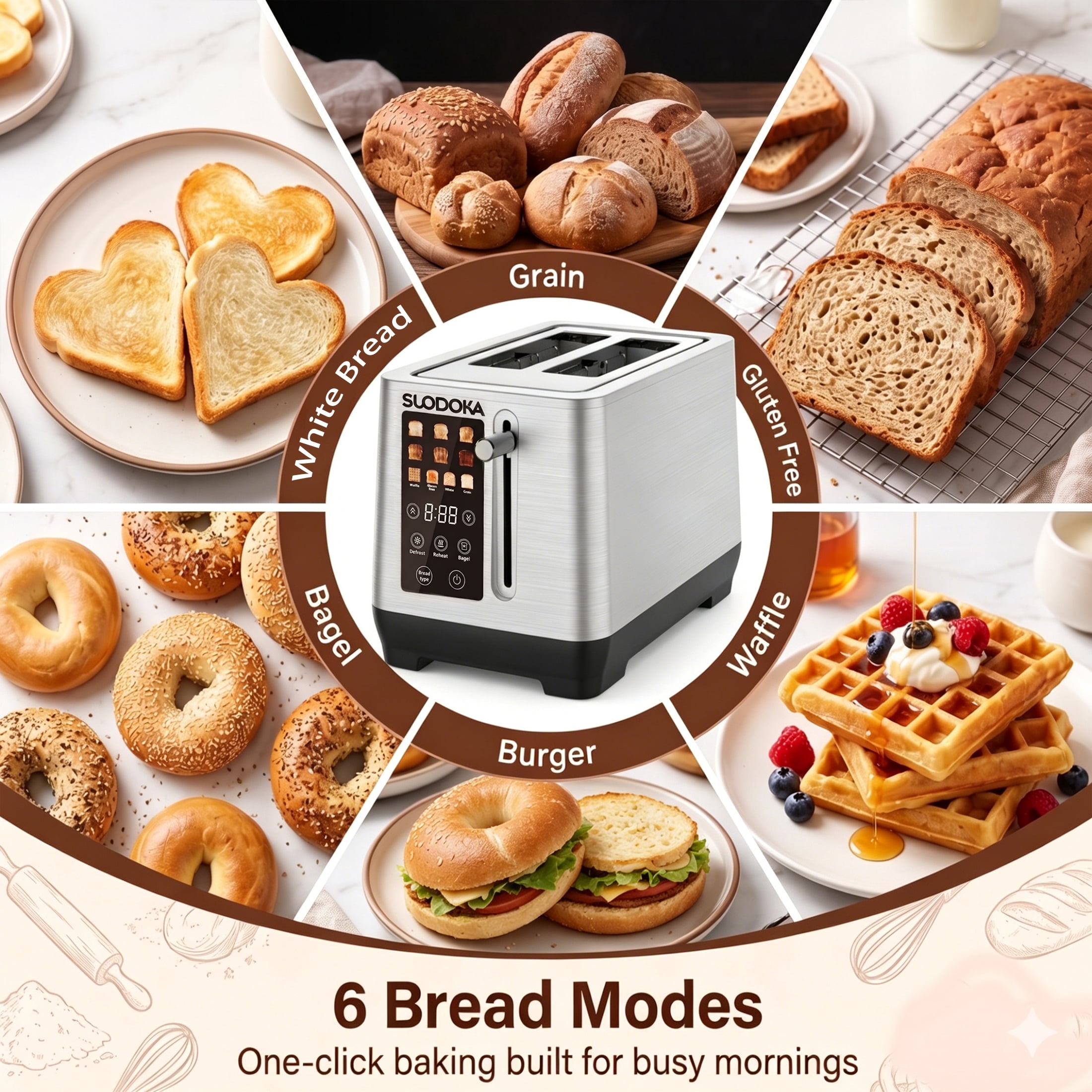 Suodoka 2Slice Digital Toaster, Stainless Steel Touch Contr
