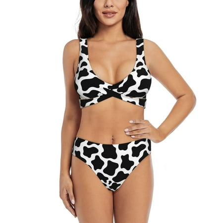 Zeuib Cow Print Black White High Waisted Tummy Control Bikini Set - Knot Front Push Up Top & Cheeky Thong Bottom  Two-Piece Swimsuit for Women-X-Large