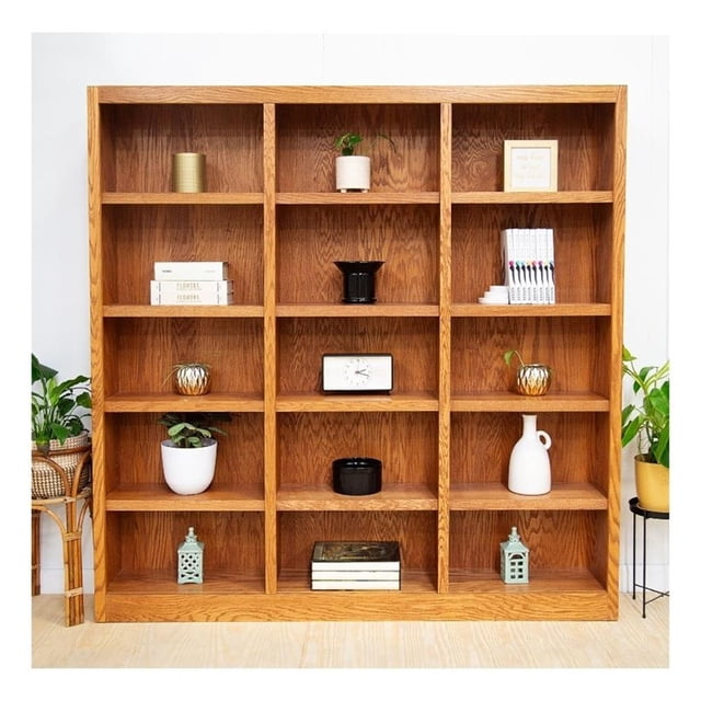 Pemberly Row 15 Shelf Triple Wide Wood Bookcase 72"Wx72"H in Oak