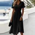 thumbnail image 2 of Summer Solid Dresses for Women 2026 - Boho Madi Dress Short Sleeve V Neck Below the Knee Dressy - Casual Sundresses Beach Vacation Outfits Black L, 2 of 6