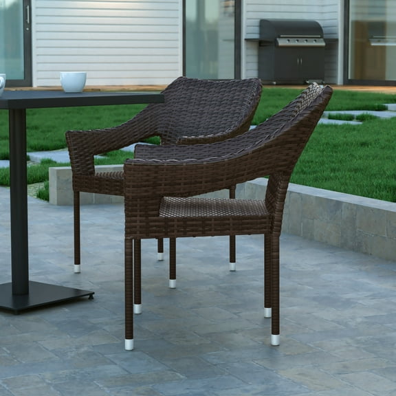 Emma   Oliver Set of Two All-Weather Indoor/Outdoor Stacking Patio Dining Chairs with Steel Frame and Weather Resistant PE Rattan in Espresso