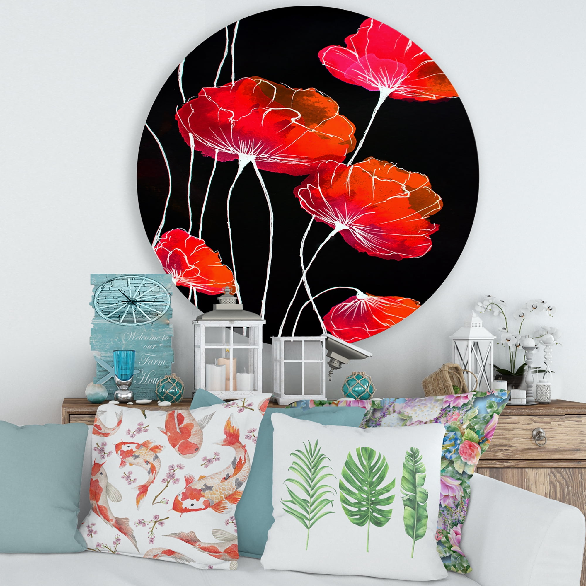 Designart 'Abstract Red Flower Detail On Black Background II' Traditional Circle Metal Wall Art 29x29 - Disc of 29