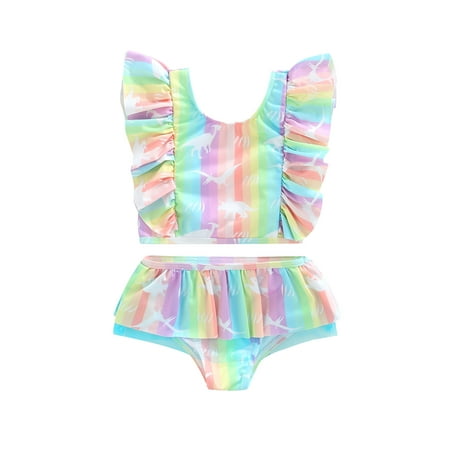 

Liacowi Toddler Girls 2 Pieces Bikini Outfit Dinosaur/Sunflower Print Sleeveless Ruffles Crop Tops + Shorts Swimwear Set