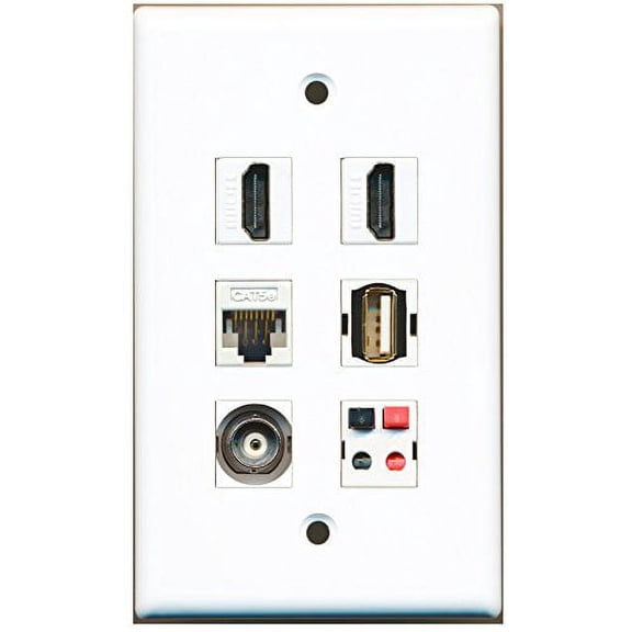 RiteAV - 2 HDMI 1 Port USB A-A 1 Port BNC 1 Port Cat5e Ethernet White 1 Port Speaker Wall Plate
