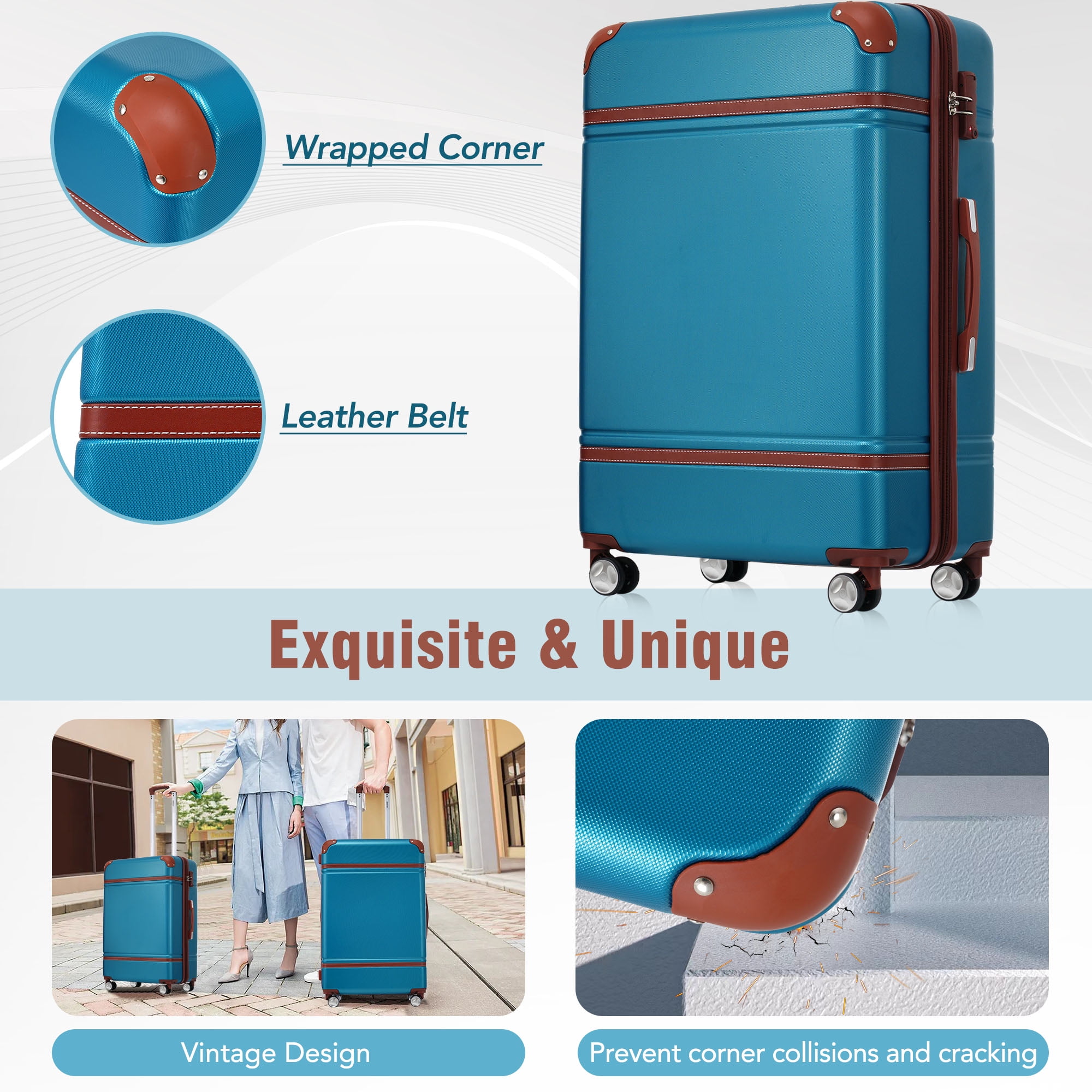 MAYEERTY Vintage 4-Piece Luggage Set - 20"+24"+28" Expandable Hardside Suitcase + Cosmetic Case with TSA Lock & Spinner Wheels, Blue