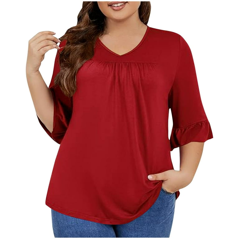 MONNURO Women's Plus Size 3/4 Sleeve V-Neck Tunic Top - Loose Swing Fall Blouse (Wine Red) 1 thumbnail image