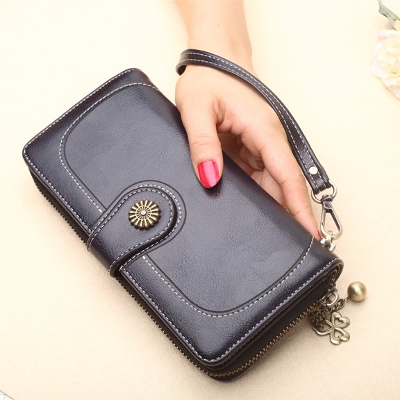 FOLOYORI 1Pack Women Clutch Purse With Zipper In Black Color Oil Wax Pu Leather For Travel 11.4x3.5x1.4in