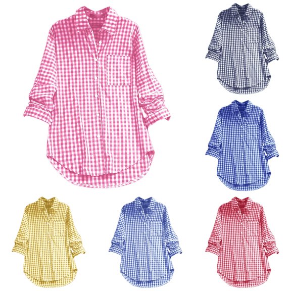Women's Casual Linen Plaid Collar Long Sleeve Retro Button Up Shirt