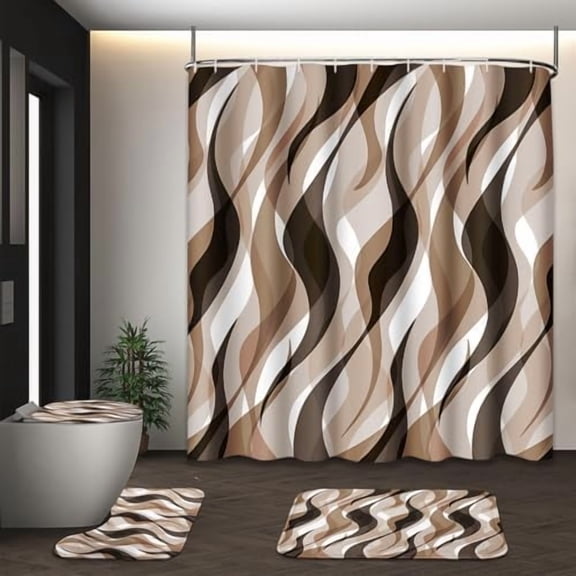 Brown Shower Curtain Set with Toilet Lid Cover and Non-Slip Rugs for Bathroom, Geometric Lines Ombre 4 Pcs Shower Curtain, Simple Abstract Modern Bathroom Set with 12 Hooks