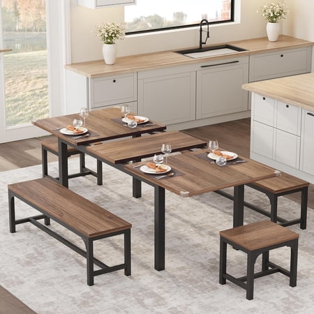 47.3 -63 Extendable Dining Table for 4-8 Rectangular Wood Kitchen Table with Strong Metal Frame Industrial Long Dining Room Table with 2 Benches and 2 Stools for Kitchen Living Room Retro Walnut