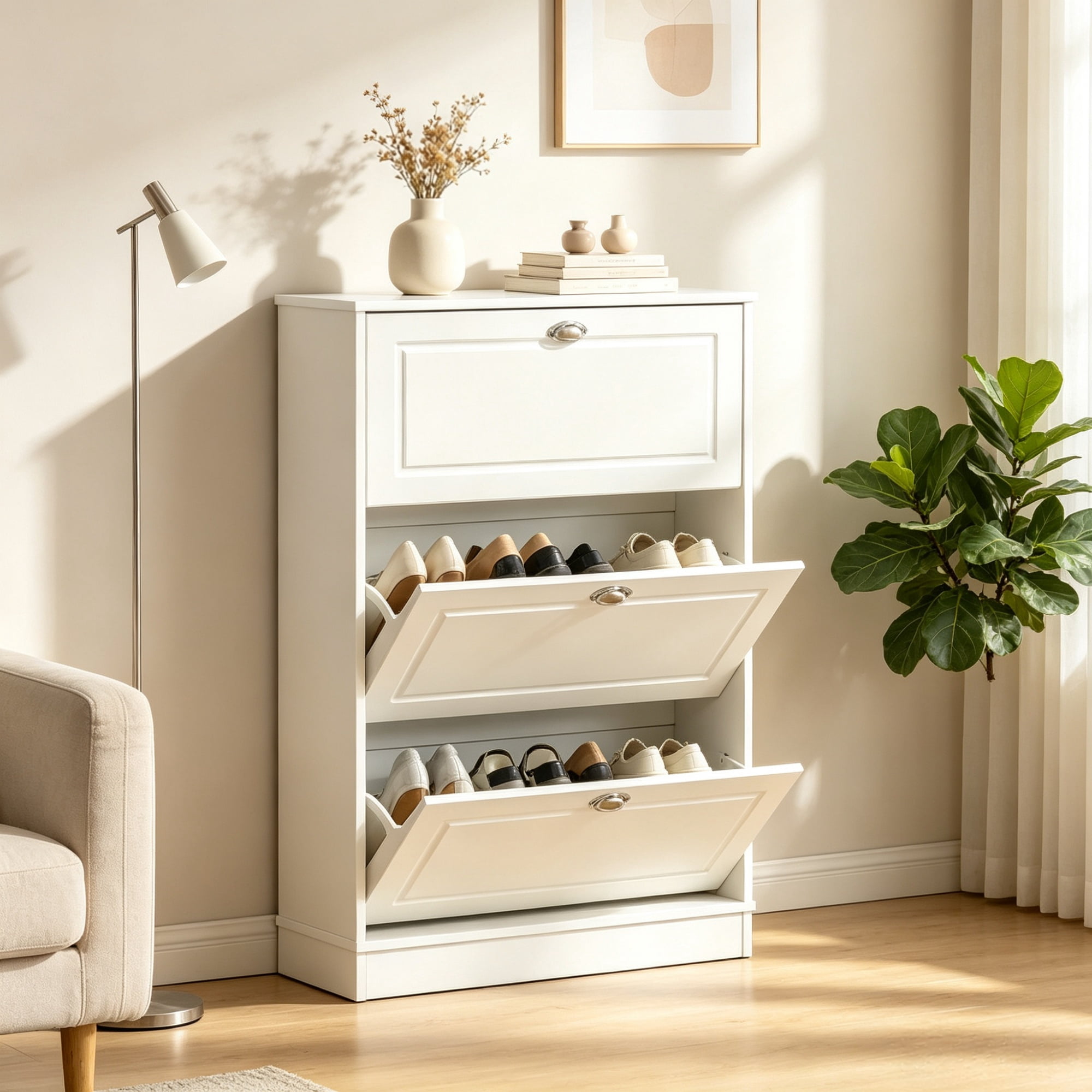 3-Flip-Drawer Narrow Shoe Cabinet, 12-Pair Capacity, for Entryway Hallway, White