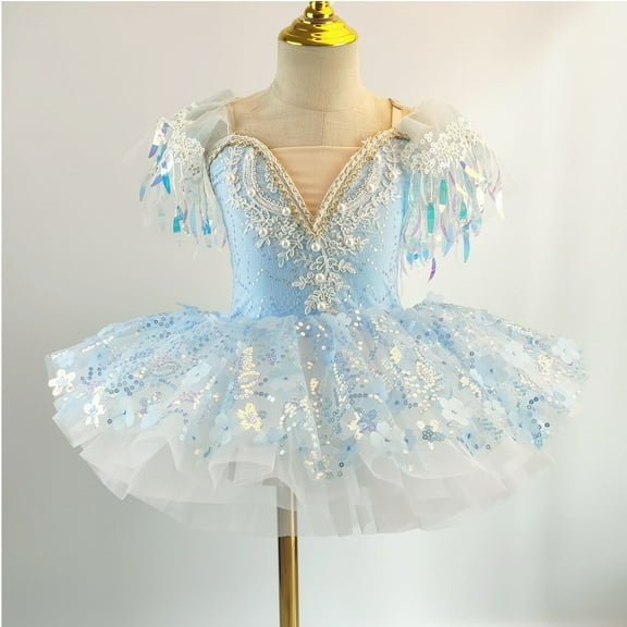 Delliss Toddler Ballet Leotards for Girls Glitter Tulle Skirt Ruffle Sleeve Sparkly Ballet Tutu Dress Lace Sequin Tutu Swan Costumes