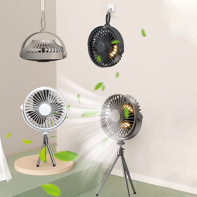 Ventilador de exterior de sobremesa con soporte para trípode | Ventilador de enfriamiento giratorio multifuncional de 360° | Mando a distancia | Batería recargable de 2000 mAh | Luz de camping