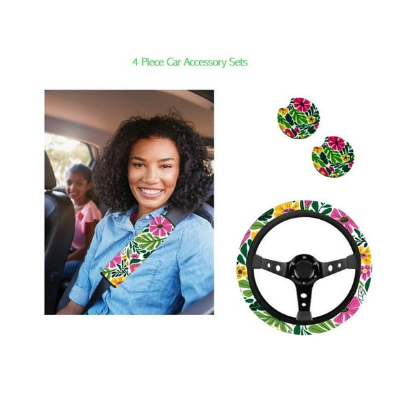 Women's Bright Island Floral Car Accessory Set with Seatbelt Cover, Steering Wheel Cover, and Coasters