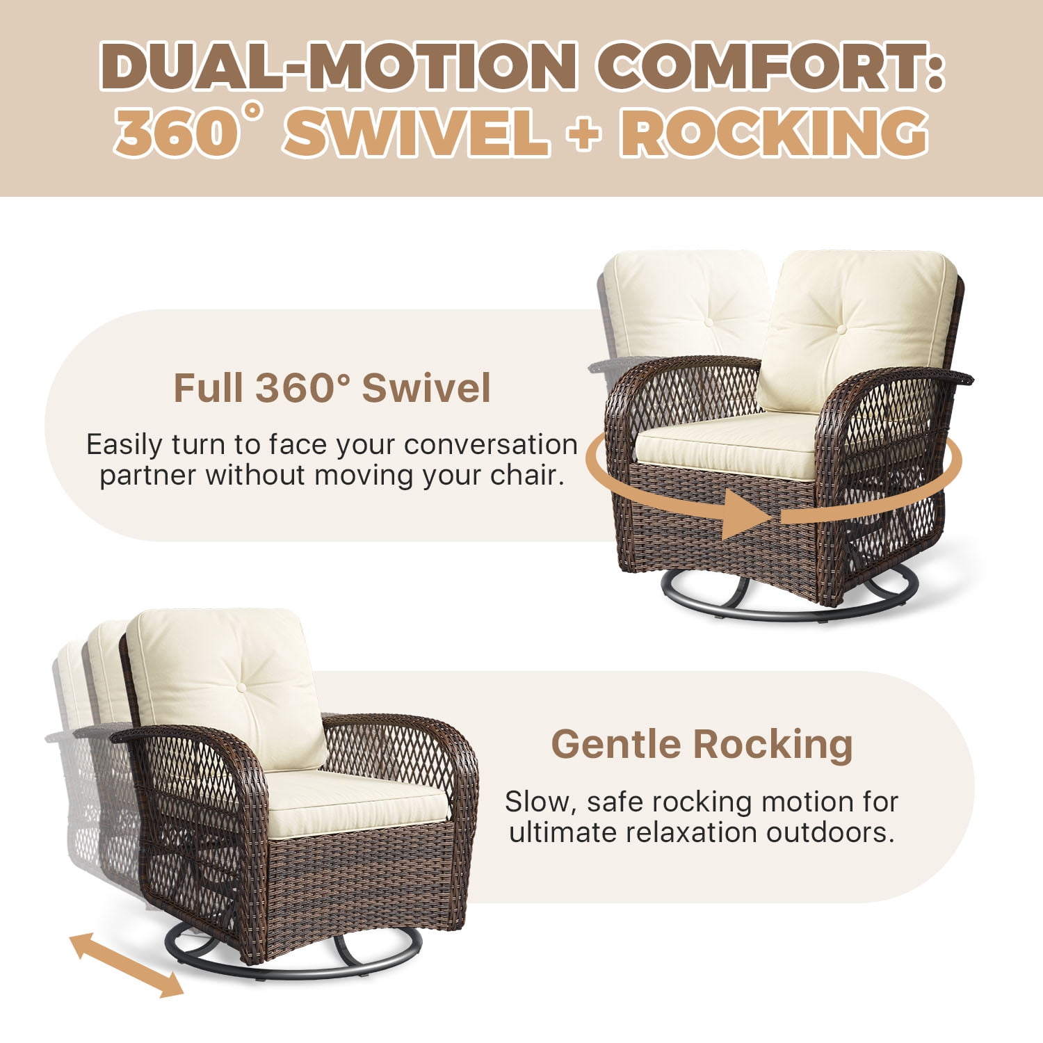 BaPiPro 6-Piece Outdoor Swivel Rocker Wicker Patio Furniture Set, All-Weather Resistant Brown Rattan Conversation Set with Beige Cushions & Tempered Glass Side Tables for Porch, Deck, Backyard