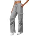 thumbnail image 6 of Wide Leg Cargo Sweatpants for Women High Waist Drawstring Baggy Lightweight Fleece Winter Track Pants with Muti Pockets Gray, 6 of 7