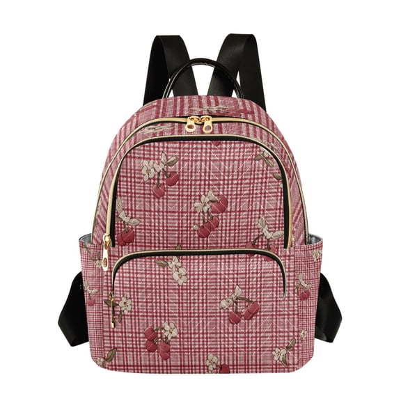 Red Gingham Cherries with Tiny Florals Quilted Backpack Fashion Daypack Commuter Bag for Women 8.5 L