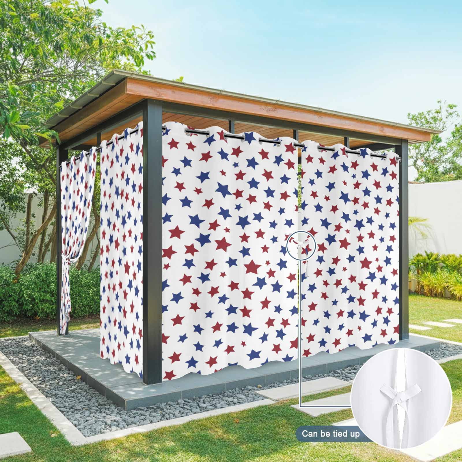 Red Blue Stars Outdoor Curtains for Patio, Independence Day Patriotic Five-pointed Star Sunshade Privacy Drapes Grommet Waterproof Outside Curtains for Porch/Cabana/Balcony 54"x 108", 1 Panel