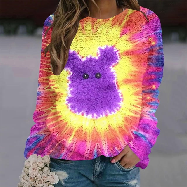 Qiopertar Mode Femmes T-Shirt à Manches Longues Col Rond Imprimé de Pâques Chandail en Molleton Blouse Offres de la Semaine Liquidation à Moins de 5$ jusqu'à 90 % de Réduction