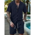 thumbnail image 5 of Men'S Camp Collar Jacquard Button Up Shirt and Drawstring Shorts Two Piece Outfit Navy Blue M, 5 of 9
