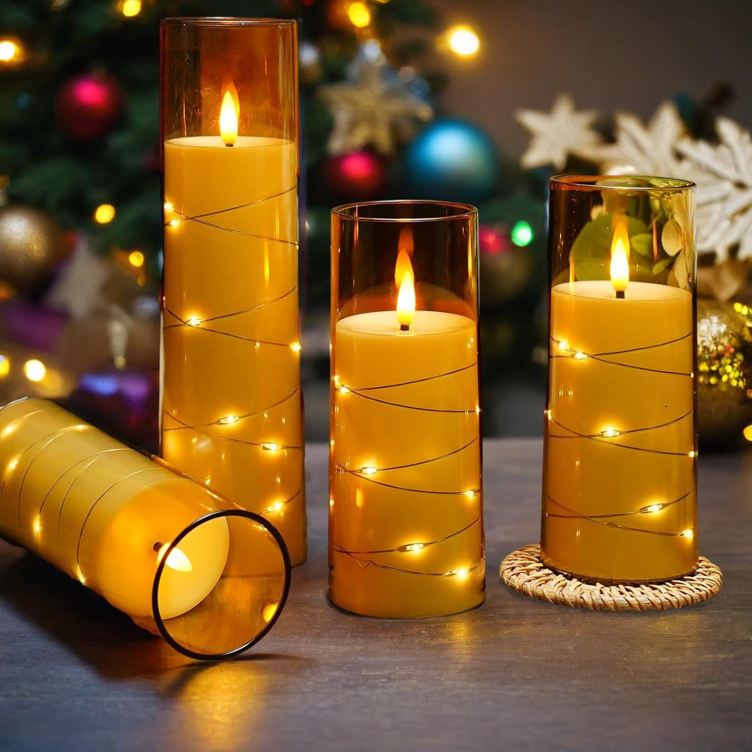 Flameless LED Candles with Timer 5 Pc Flickering Flameless Candles for Romantic Ambiance and Home Decoration Stable Acrylic Shell,with Embedded Star String，Battery Operated Candles
