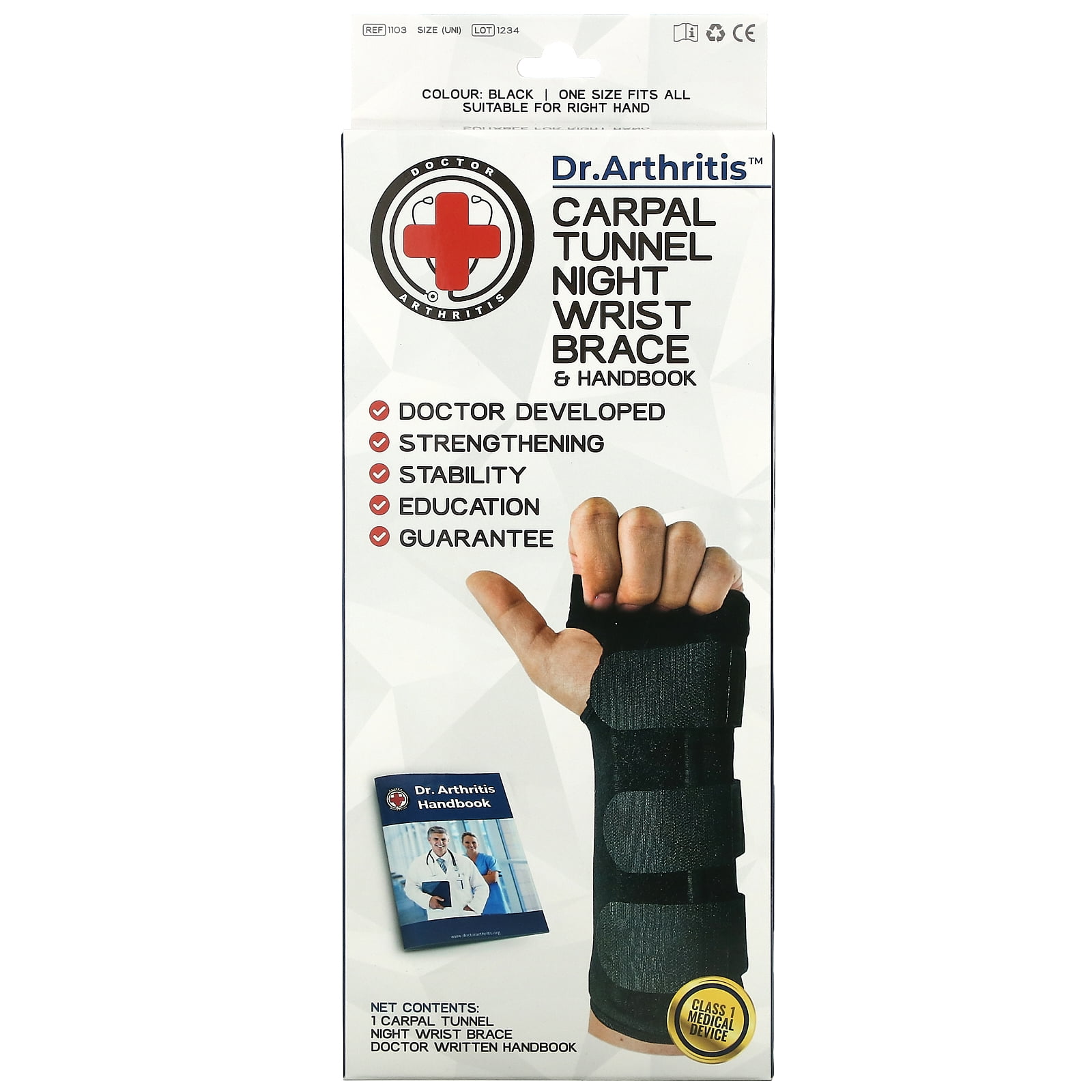 Doctor Arthritis, Carpal Tunnel Night Wrist Brace & Handbook, Right