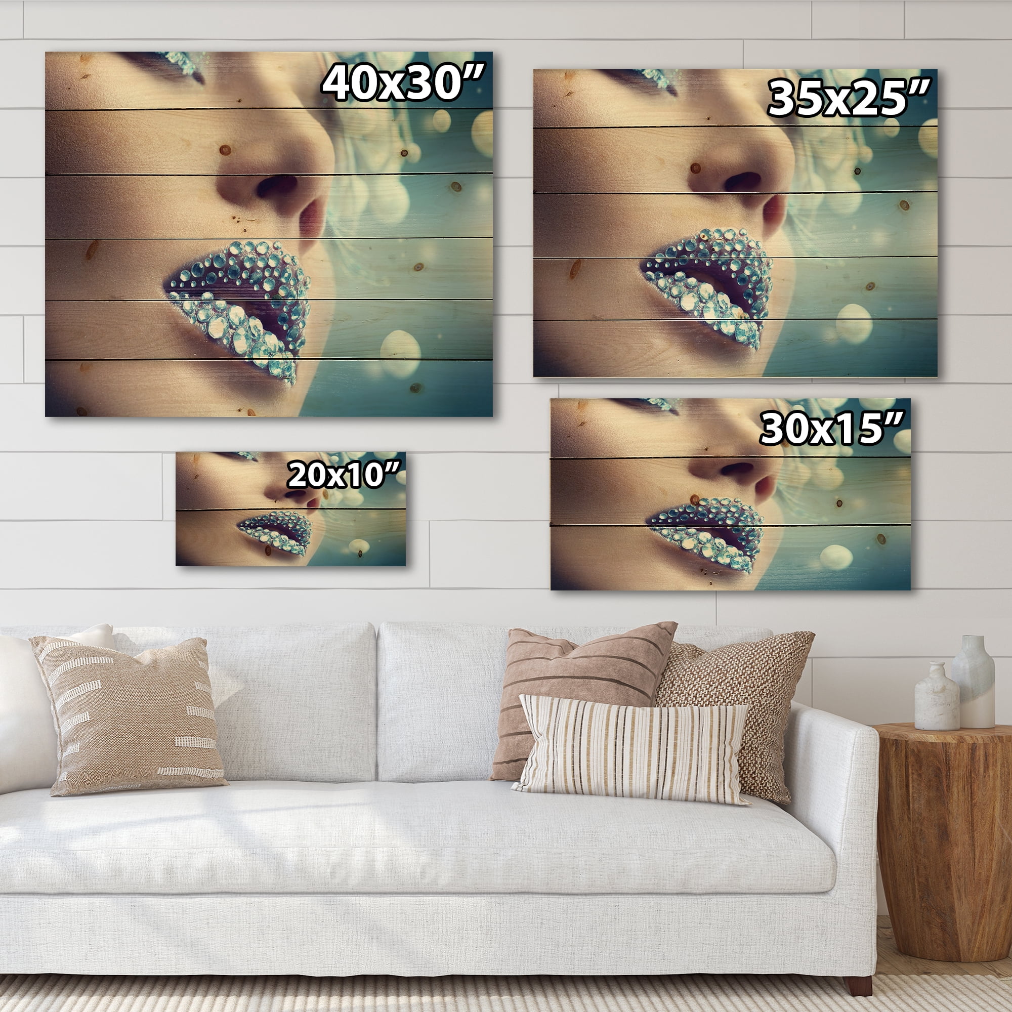 Designart 'Close-Up Of Gems On Female Lips' Modern Print on Natural Pine Wood