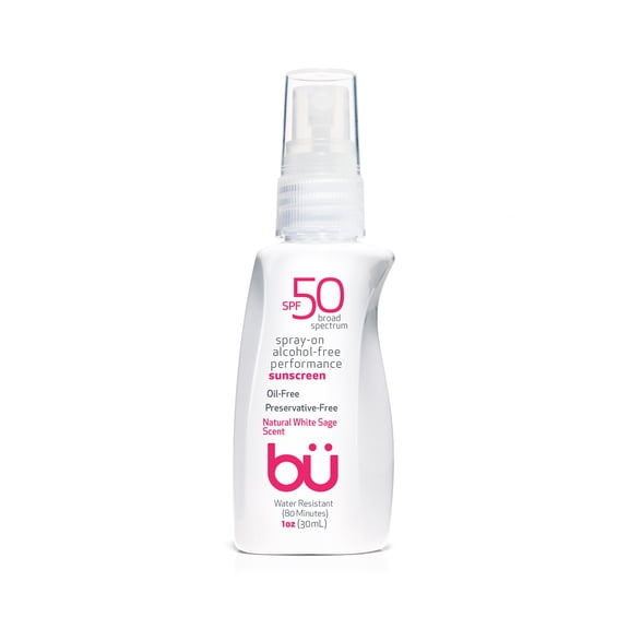 Bu SPF 50 Sunscreen Spray - Sweat & Water-Resistant. Clear Moisturizing Non Comedogenic. Oil & Alcohol Free. Travel Sport Sensitive Skin (White Sage 1 oz)