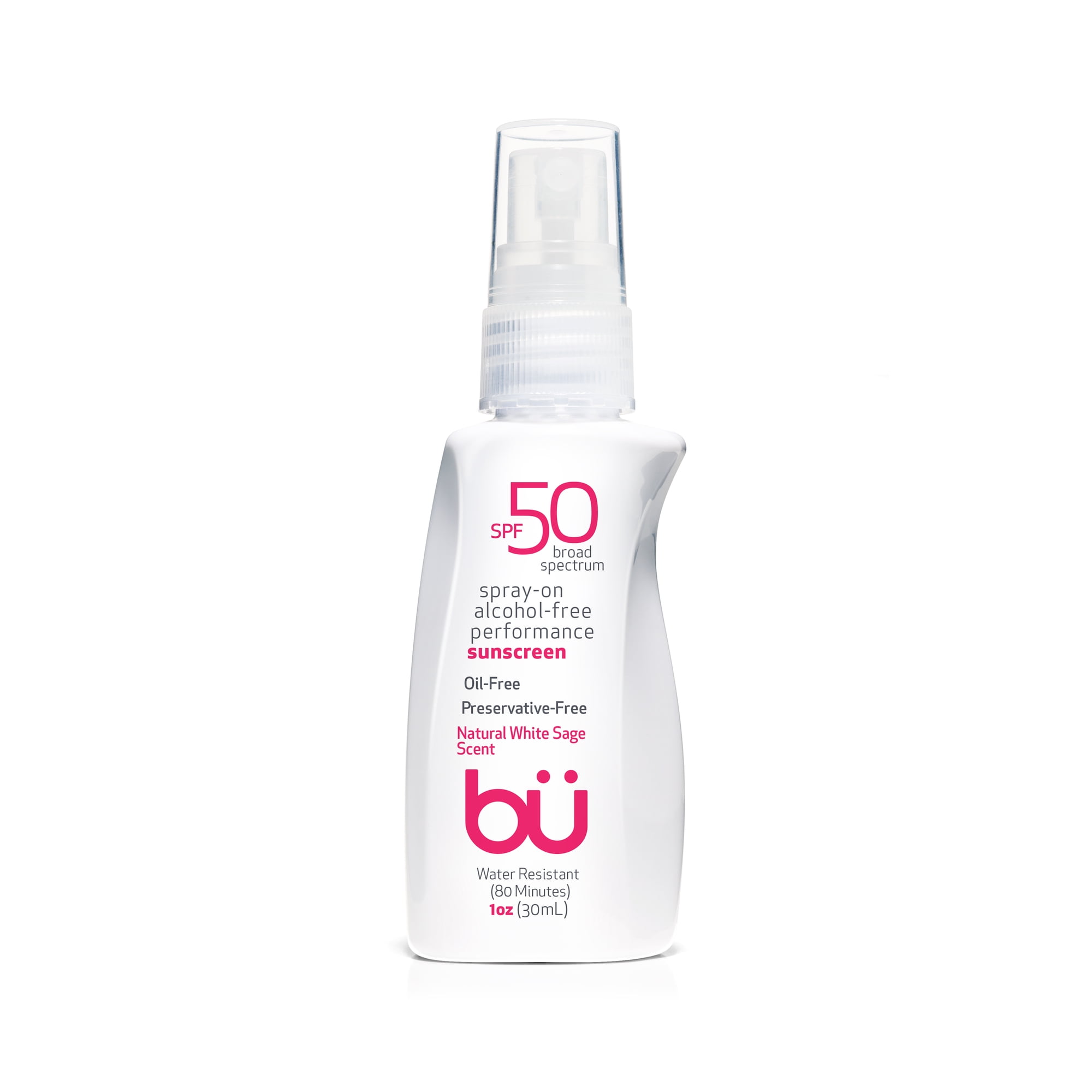 Bu SPF 50 Sunscreen Spray - Sweat & Water-Resistant. Clear Moisturizing Non Comedogenic. Oil & Alcohol Free. Travel Sport Sensitive Skin (White Sage 1 oz)