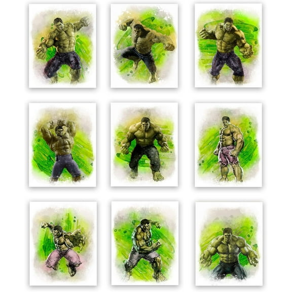 QTH Canvas Poster Hulk Superhero Watercolor Art Prints (Unframed) | Great Gift Set of 9 (8x10) | Perfect for Boys Room Decor