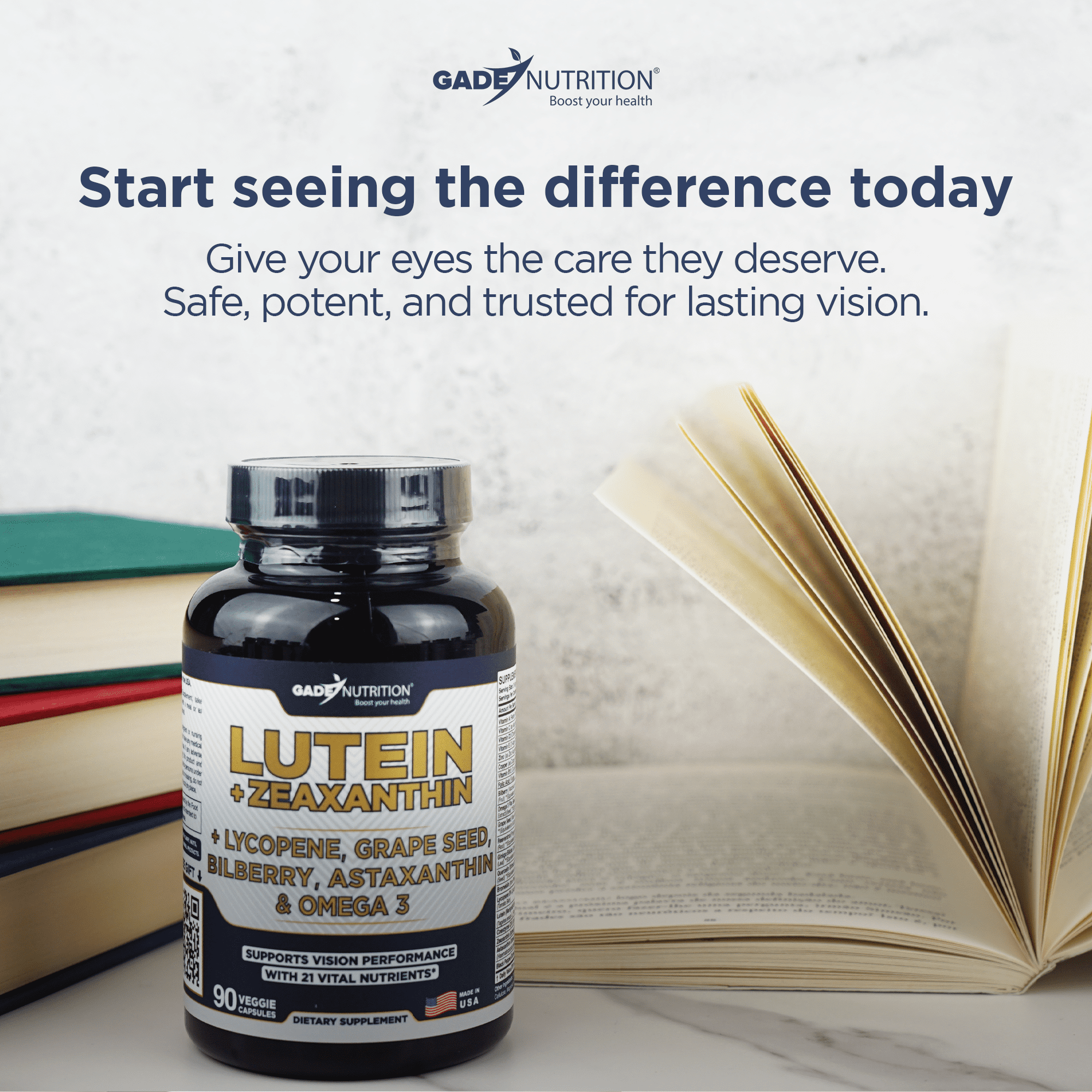 Gade Nutrition Lutein and Zeaxanthin Supplements + Astaxanthin, Omega 3, Resveratrol, Bilberry, Lycopene, Quercetin, Ginkgo Biloba, Vitamin D - Advanced Eye Support & Health Vision Formula