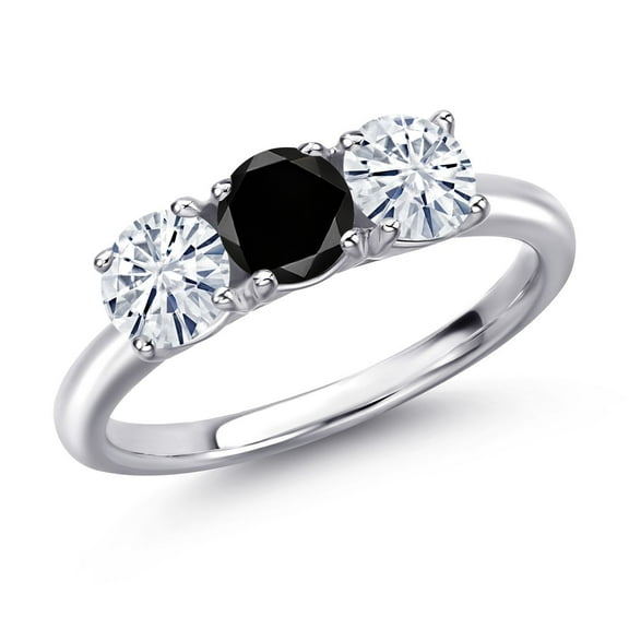 Gem Stone King 925 Sterling Silver Black Diamond and White Moissanite Engagement Ring for Women | 1.55 Cttw | Round 5MM | Gemstone April Birthstone | Size 5
