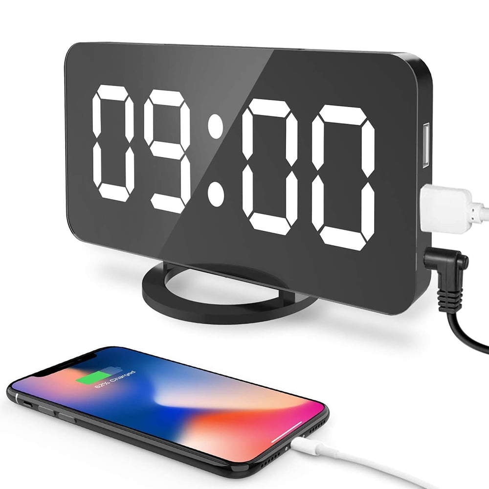 Modern Digital LED Alarm Clock Make-up Mirror Table Desktop Decor Dual USB Port 