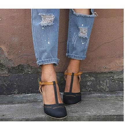 

Dress Heeled Shoes Women s T-Strap Platform Mary Janes Block Heel Sweet Dress Party Wedding Shoes