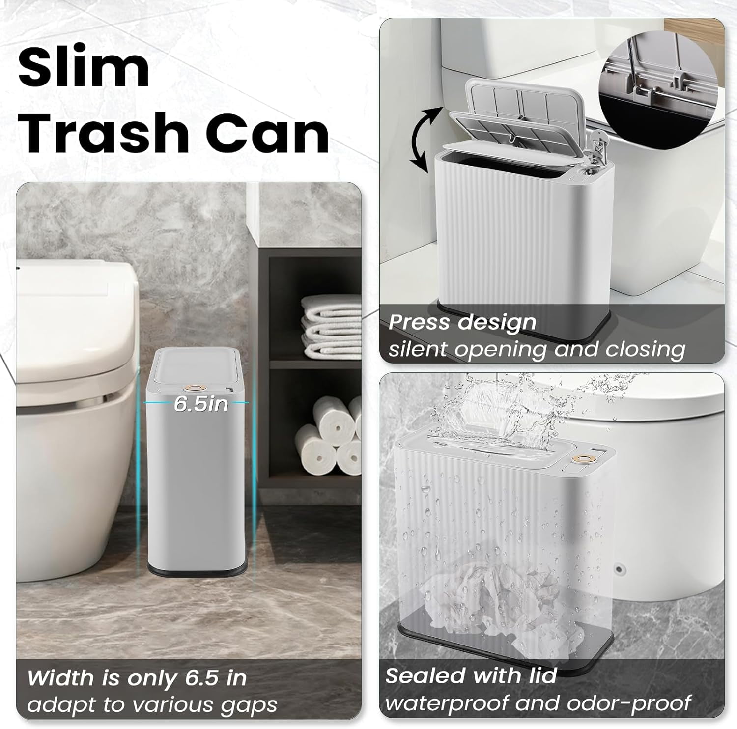 Black and Gold Bathroom Accessories Set - 9 Piece Complete Organization Kit with Slim Pop-up Trash Can, Toilet Brush, Lotion Dispensers, Jars & Soap Dish - Modern Matte Stripe Bathroom Decor