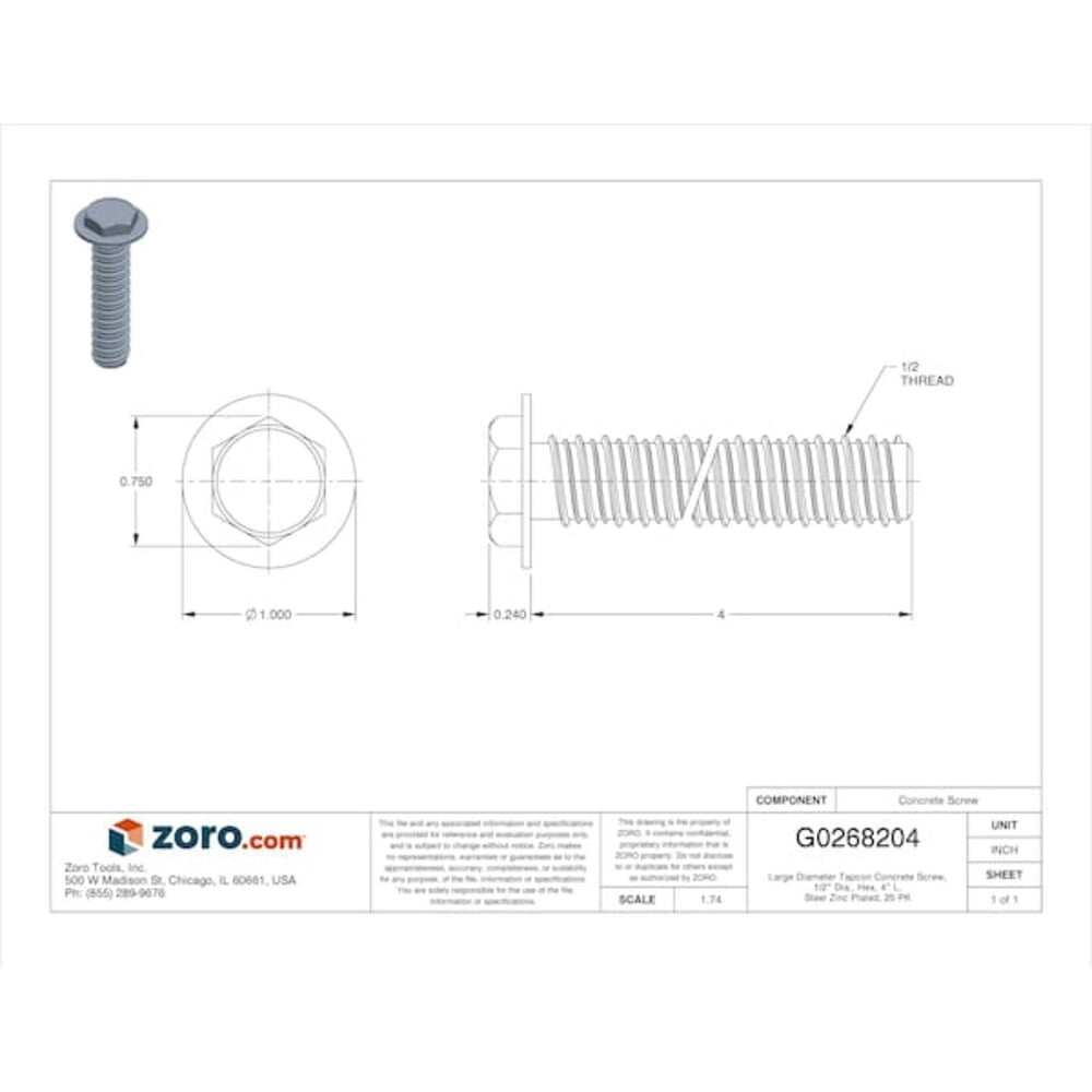 Large Diameter Tapcon Concrete Screw, 1/2" Dia., Hex, 4" L, Steel Zinc Plated, 25 PK