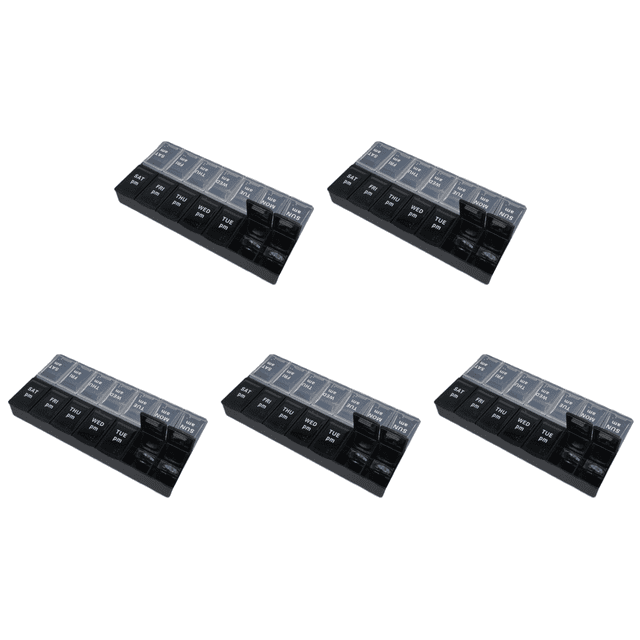 Caja médica 14 rejillas Caja plástico doble Caja embalaje caja medicamentos doble para la y la noche 7 días (pequeña negra) pequeña en inglés-Negro + palabras transparentes