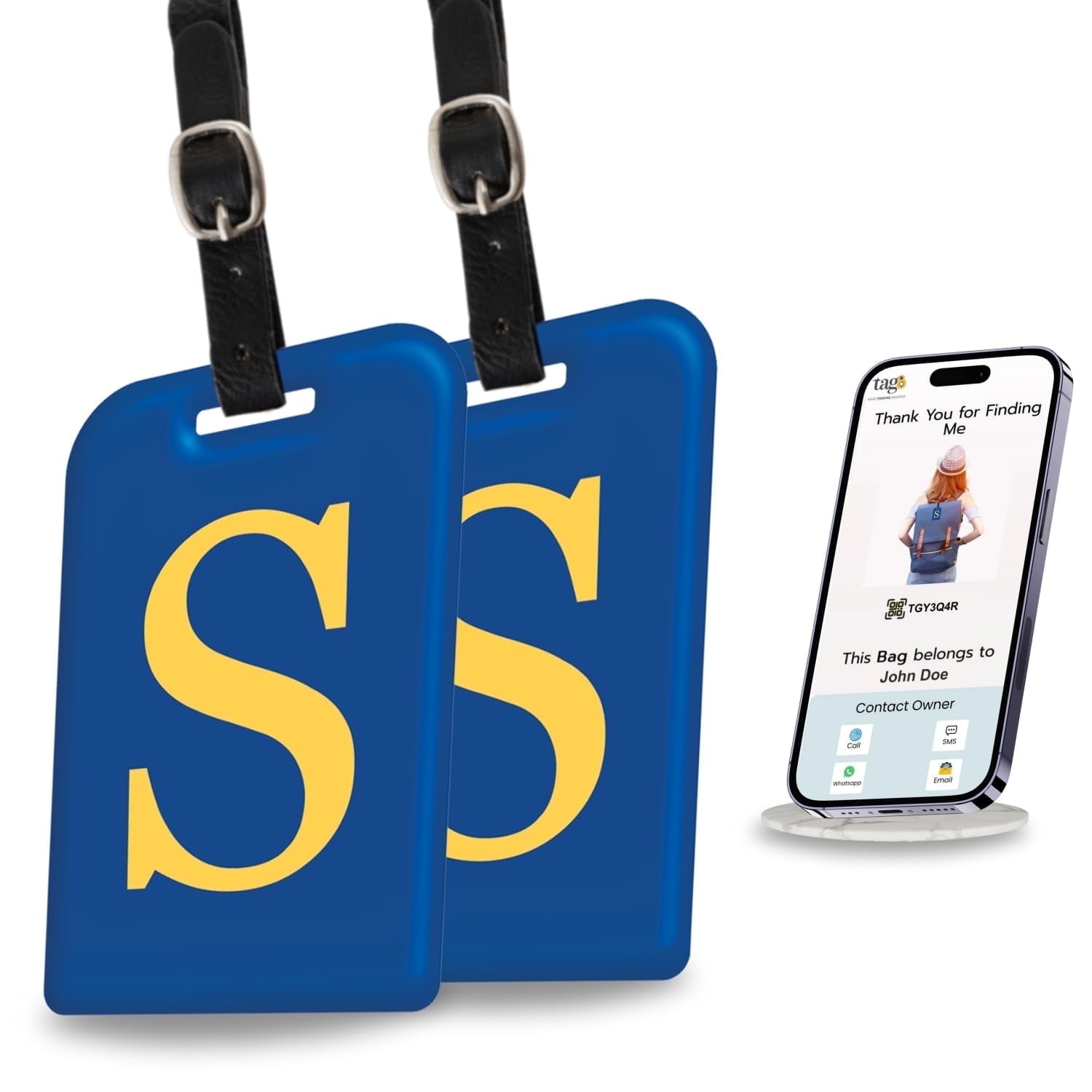 tag8 2 Pack Luggage Tags for Suitcases, 26 Initial Letter Travel Luggage Identification Labels ID Tag with Global Loss Recovery Service | Airline Compliant | SITA World Tracer Code Enabled (S)