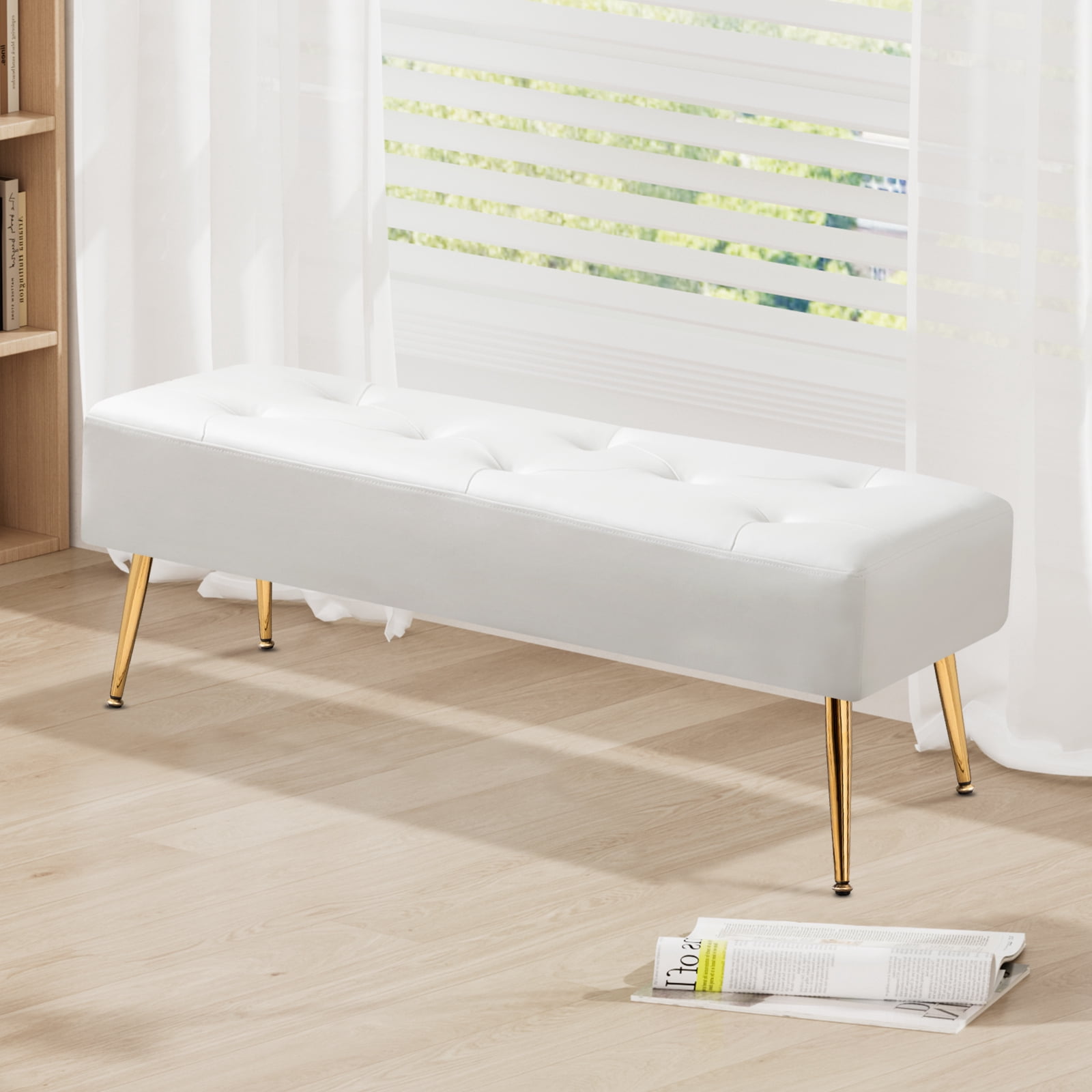 Furniliving  PU Ottoman Bench Modern Mudroom Bench Shoe Bench Upholstered Bedroom Bench,Ivory White