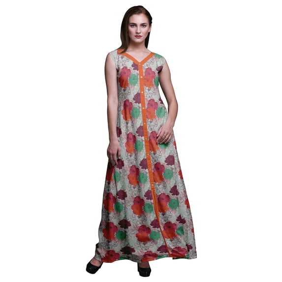 Bimba Floral Women V Neck Sleeveless Front Slit Casual Maxi Printed Boho Dress-Small