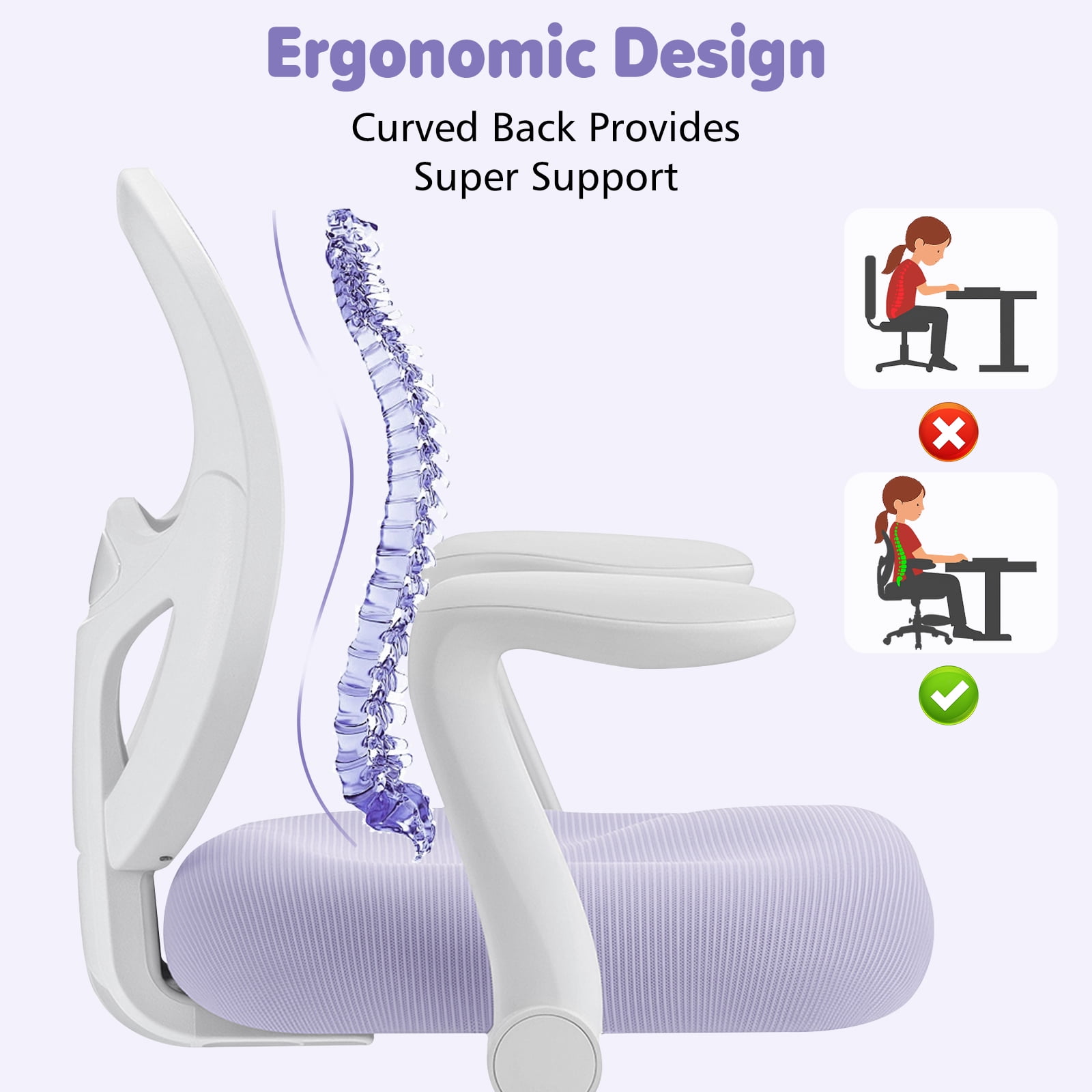 Hoffree Kids Desk Chair with Flipped Arms Wheels Ergonomic Study Chair with Footrest Adjustable Height Rolling Desk Chair for Teens Boys Girls in Study Room Purple