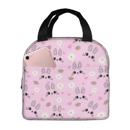 Insulated Lunch Bag for Women Men - Cute Rabbit Love Flower Pink Leakproof Cooler Lunch Box for Women Men  Lunch Tote Bags for Work School Picnic Travel